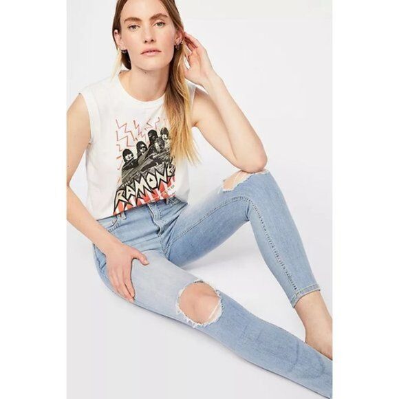 Free People Light Wash High Rise Busted Knee Skinny Jeans 29 - Picture 1 of 5